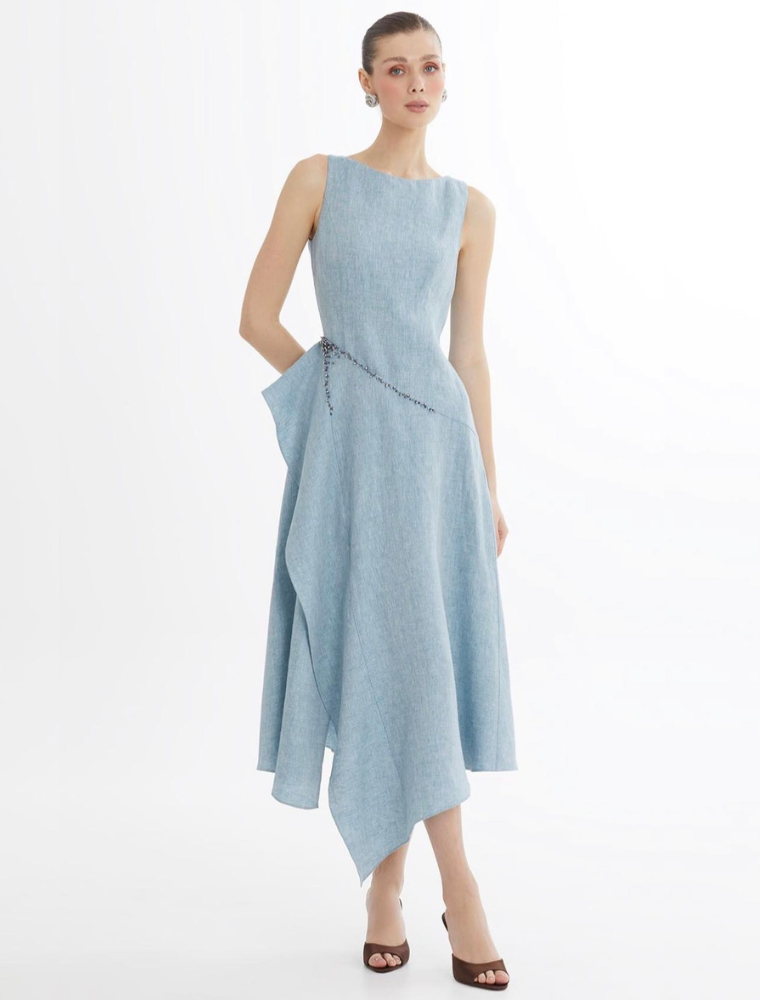 Assymetrical Linen Dress with Crystal Detail, Blue