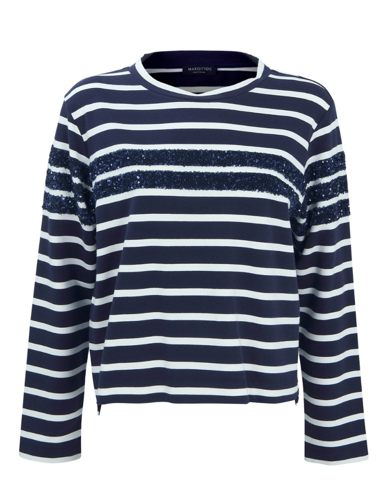 Long Sleeve Sequin Striped Top, Navy
