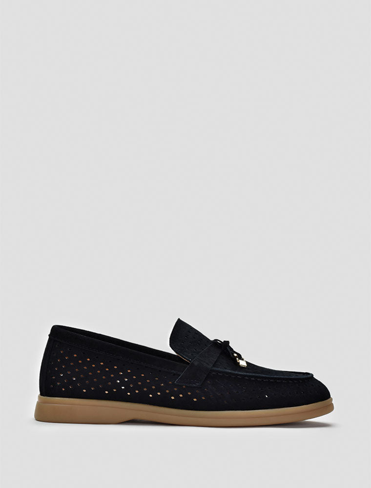 Perforated Classic Suede Loafers with Tassels, Black