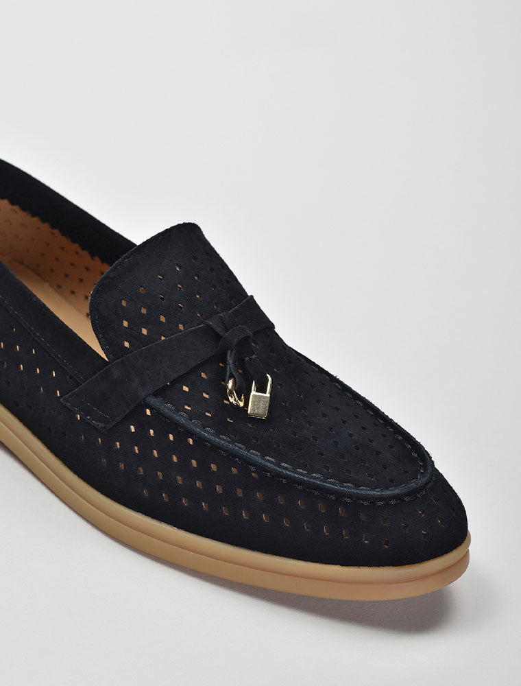 Perforated Classic Suede Loafers with Tassels, Black