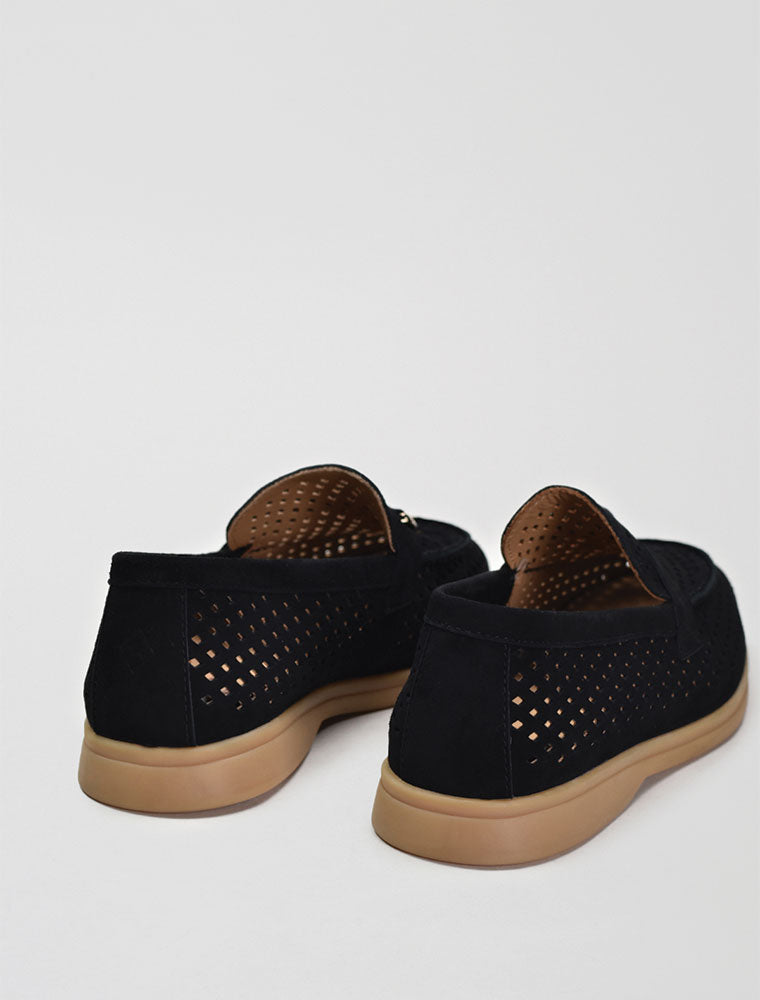 Perforated Classic Suede Loafers with Tassels, Black
