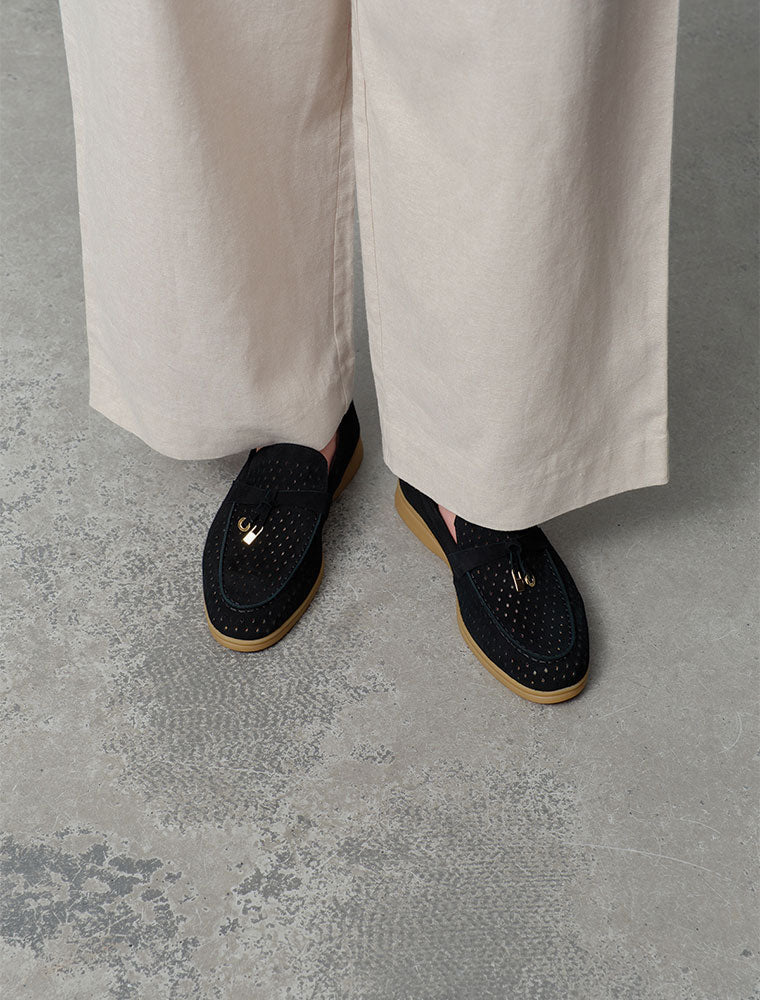 Perforated Classic Suede Loafers with Tassels, Black