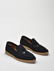 Perforated Classic Suede Loafers with Tassels, Black