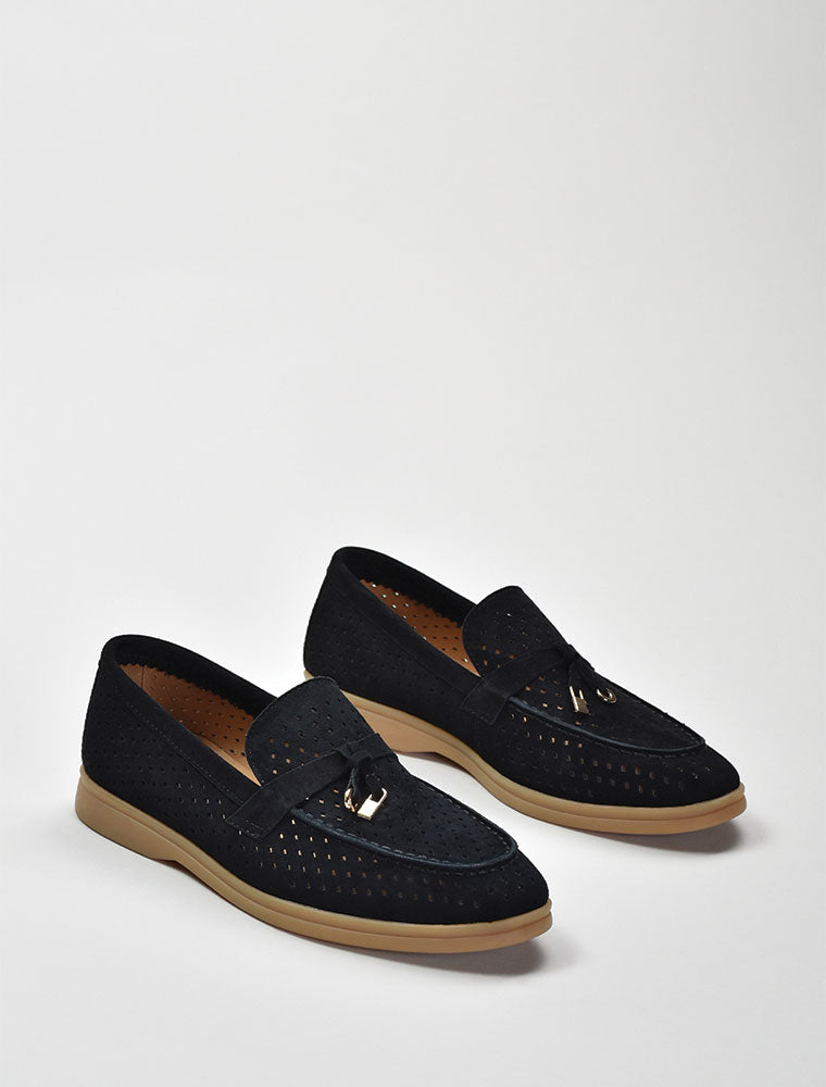 Perforated Classic Suede Loafers with Tassels, Black
