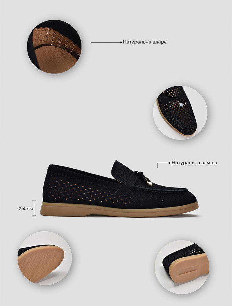 Perforated Classic Suede Loafers with Tassels, Black