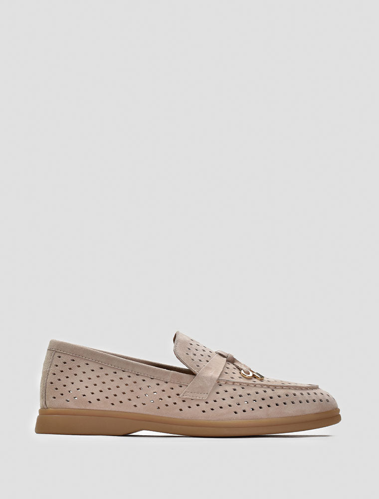 Perforated Classic Suede Loafers with Tassels, Tan