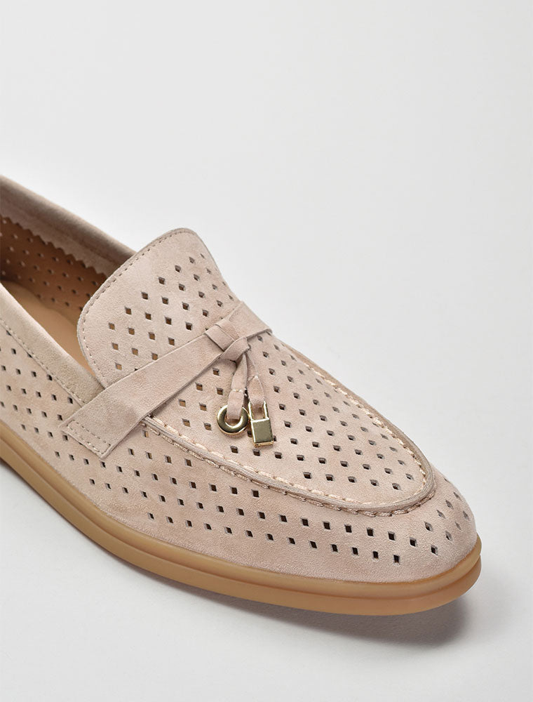 Perforated Classic Suede Loafers with Tassels, Tan