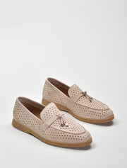 Perforated Classic Suede Loafers with Tassels, Tan