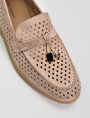 Perforated Classic Suede Loafers with Tassels, Tan