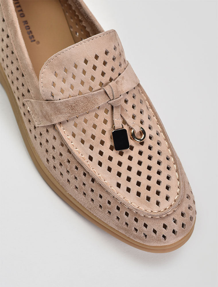Perforated Classic Suede Loafers with Tassels, Tan
