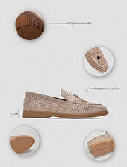 Perforated Classic Suede Loafers with Tassels, Tan