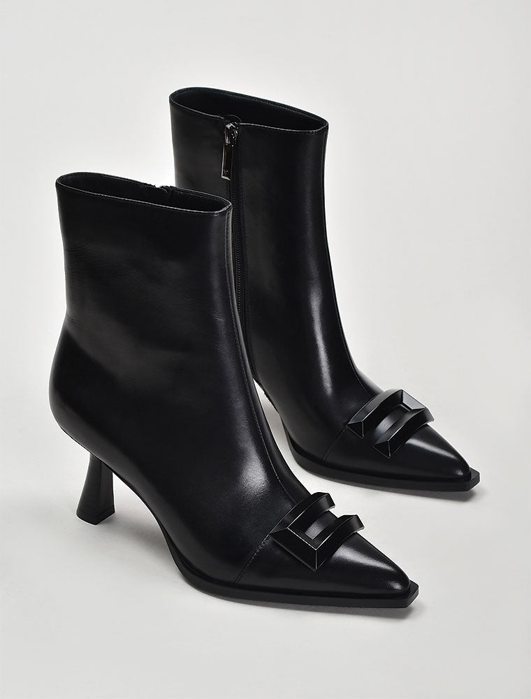 Pointy Toe Booties with Front Buckle, Black