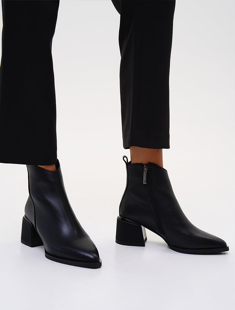 Pointy Toe Leather Booties, Black