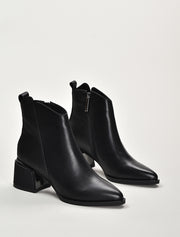Pointy Toe Leather Booties, Black