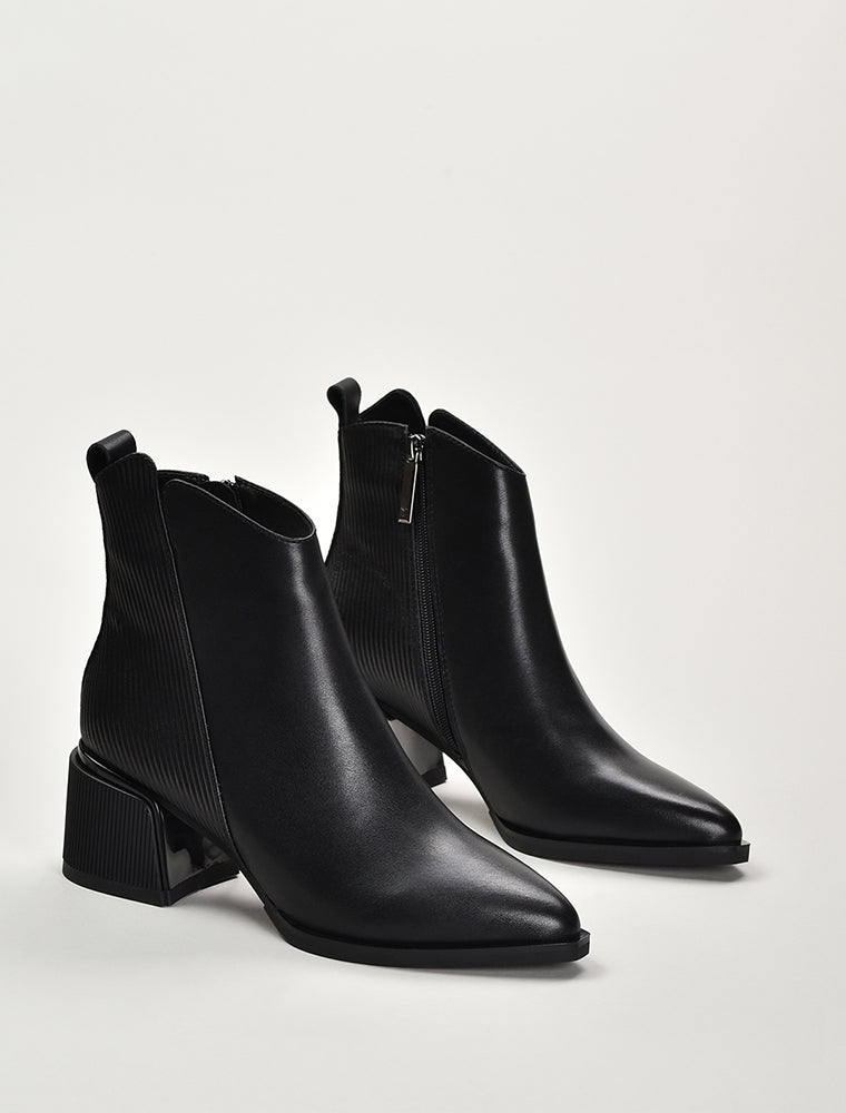Pointy Toe Leather Booties, Black