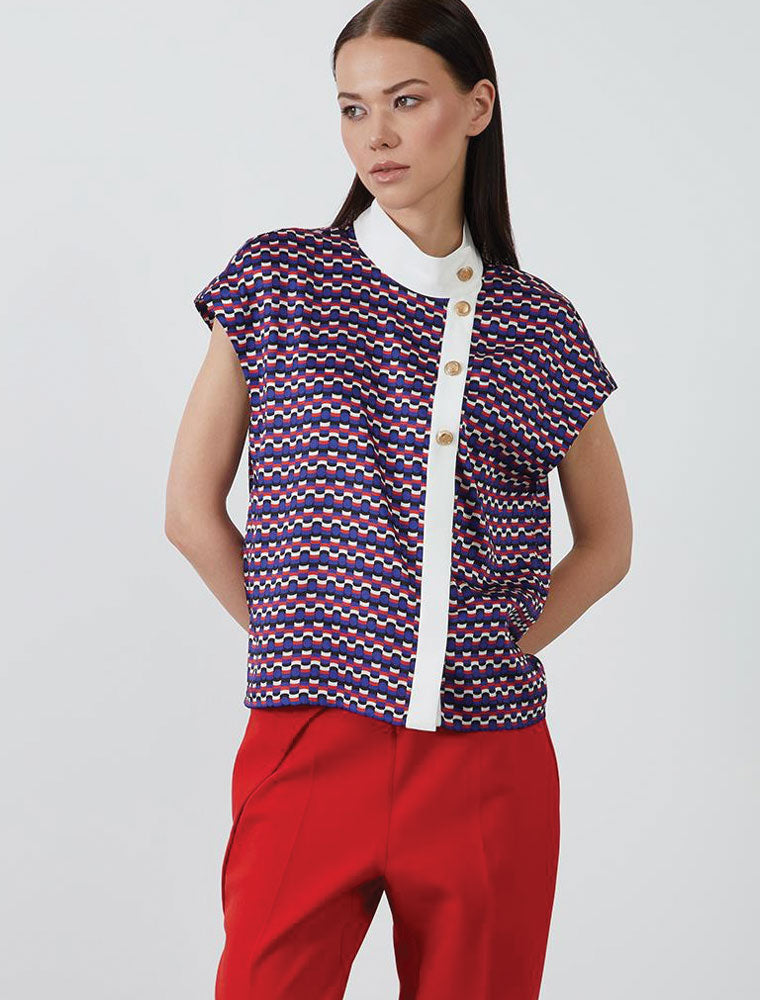 Printed Blouse with Assymetrical Button Closure, Multicolor