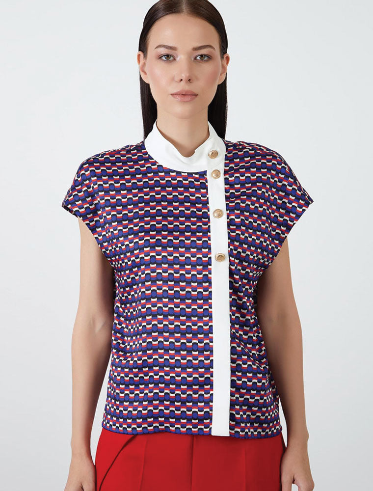 Printed Blouse with Assymetrical Button Closure, Multicolor