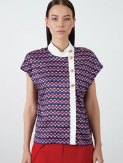 Printed Blouse with Assymetrical Button Closure, Multicolor