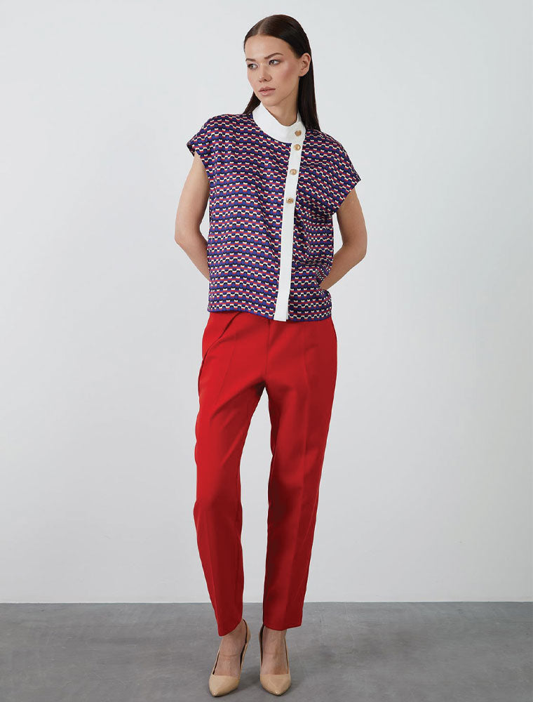 Printed Blouse with Assymetrical Button Closure, Multicolor