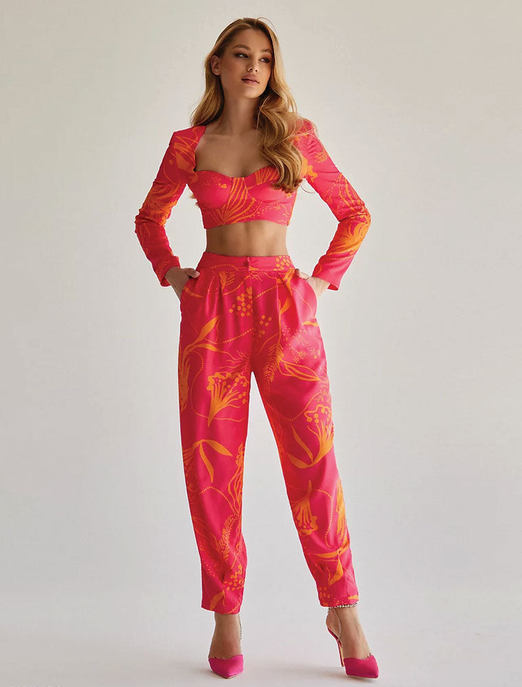 Printed Paperbag Summer Pants, Orange / Pink