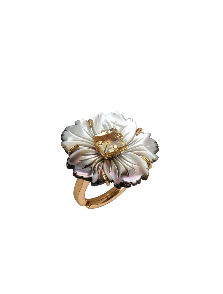 Priya Ring, Black Mother of Pearl & Lemon Quartz, 14K Gold Plated