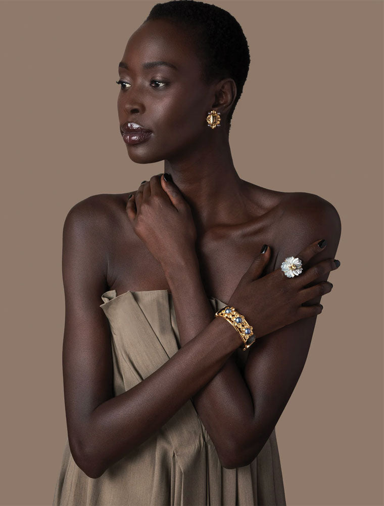 Priya Ring, Black Mother of Pearl & Lemon Quartz, 14K Gold Plated