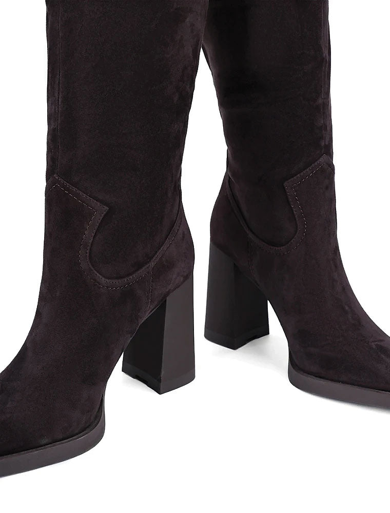 Pull-Up Suede Knee High Boots, Dark Brown