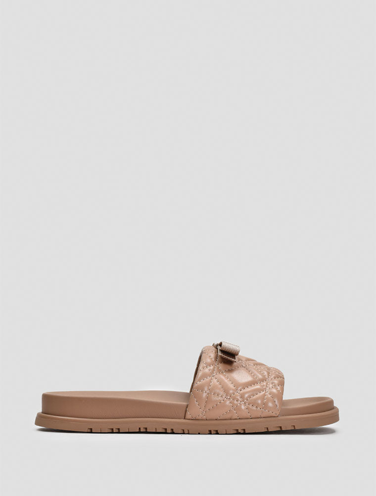 Quilted Wide Strap Slide with Bow, Beige