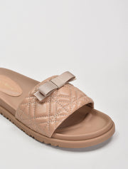 Quilted Wide Strap Slide with Bow, Beige