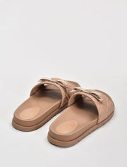 Quilted Wide Strap Slide with Bow, Beige