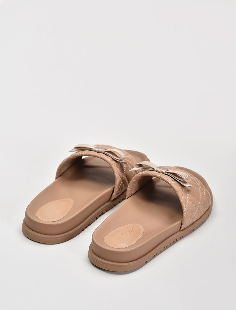 Quilted Wide Strap Slide with Bow, Beige