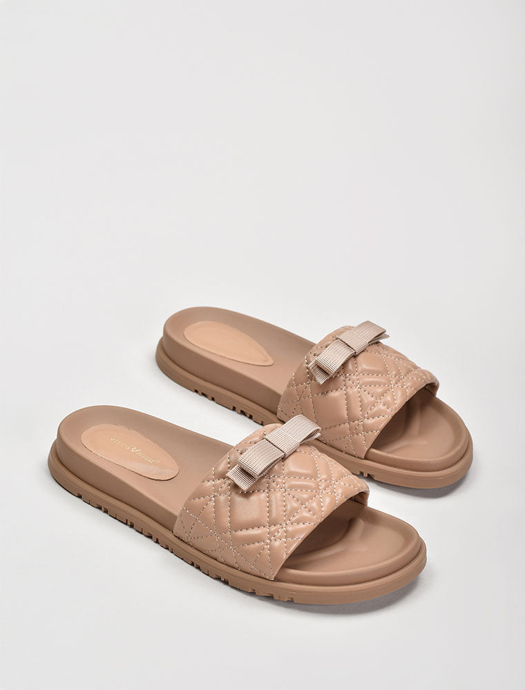 Quilted Wide Strap Slide with Bow, Beige