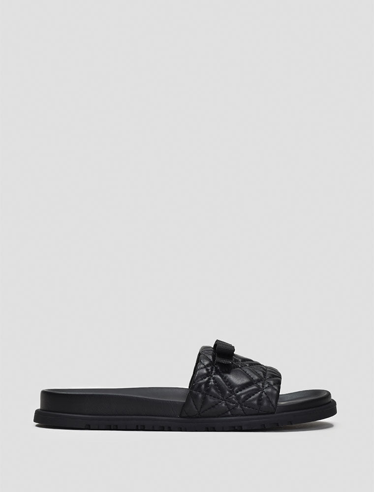 Quilted Wide Strap Slide with Bow, Black