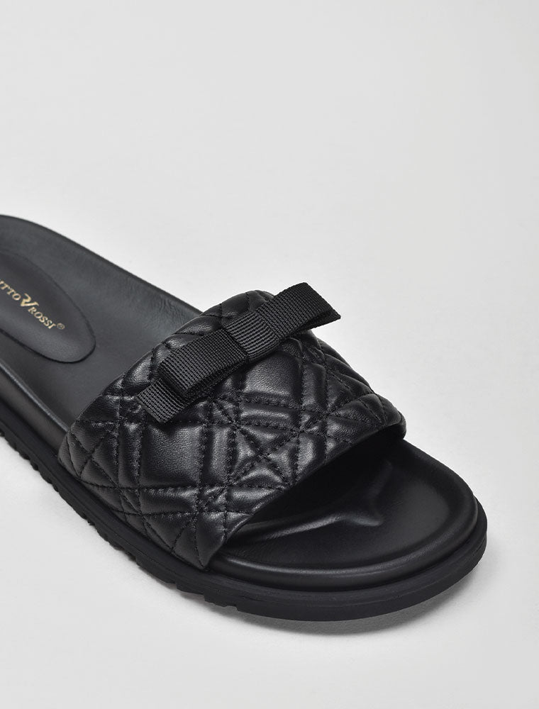 Quilted Wide Strap Slide with Bow, Black