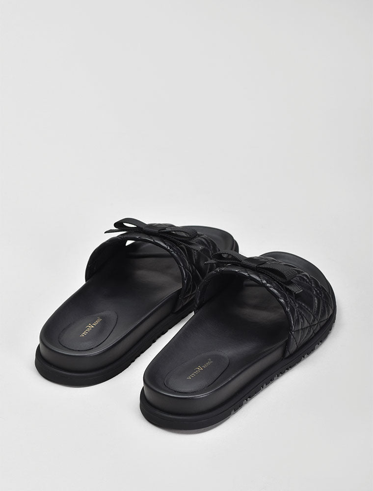 Quilted Wide Strap Slide with Bow, Black