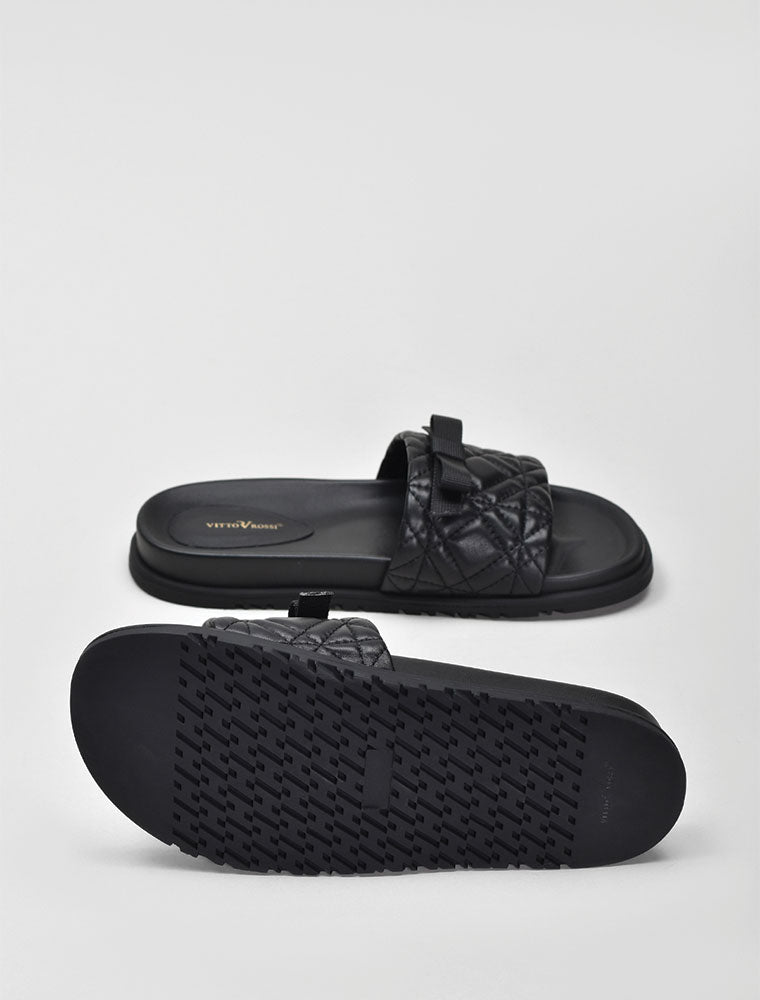 Quilted Wide Strap Slide with Bow, Black