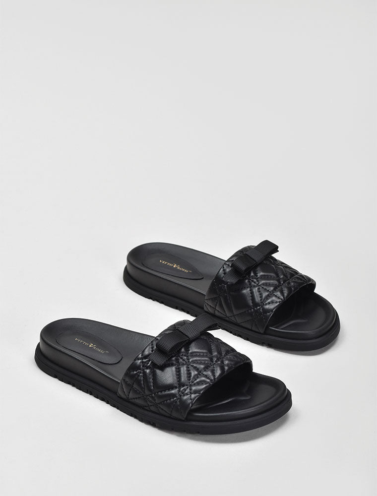 Quilted Wide Strap Slide with Bow, Black