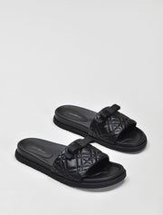 Quilted Wide Strap Slide with Bow, Black