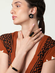 Lucille Ring, Black Onyx Checkers Cut, 14K Gold Plated