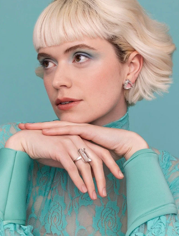 Lucille Ring, Clear Quartz, Rhodium Plated