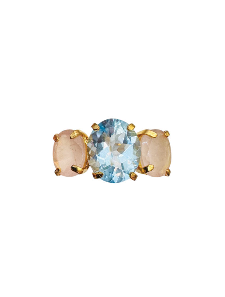 Ring Set with Blue Quartz Center and Rose Quartz Sides, 14K Gold Plated