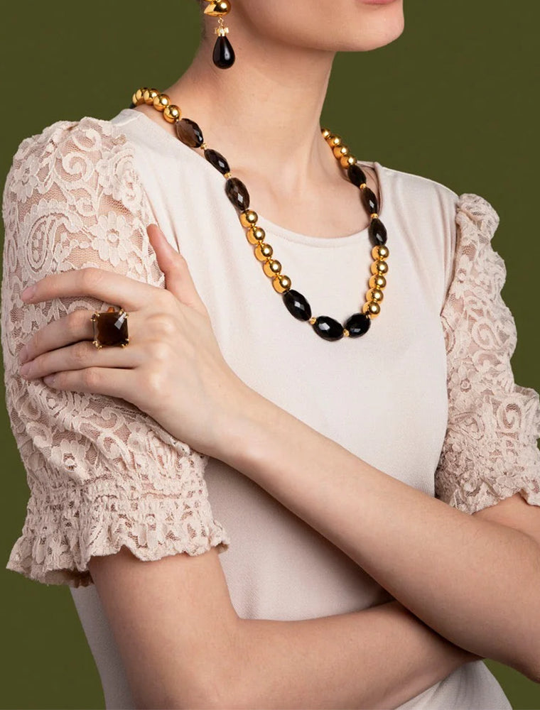 Veronica Ring, Smoky Quartz Square Checkers Cut, 14K Gold Plated