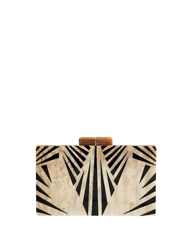 Rectangular Acrylic Clutch Bag, Beige / Black Feathers