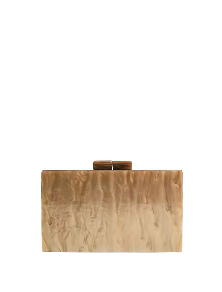 Rectangular Acrylic Clutch Bag, Beige / Black Feathers