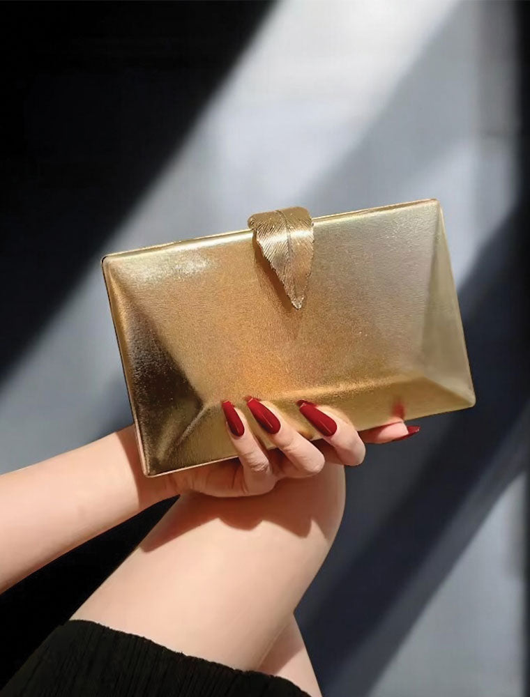 Rectangular Clutch with Gold Leaf Buckle, Pearl White