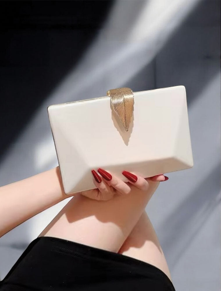 Rectangular Clutch with Gold Leaf Buckle, Pearl White
