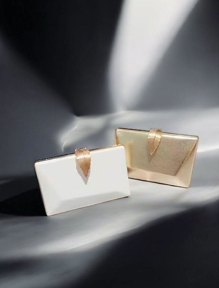 Rectangular Clutch with Gold Leaf Buckle, Pearl White