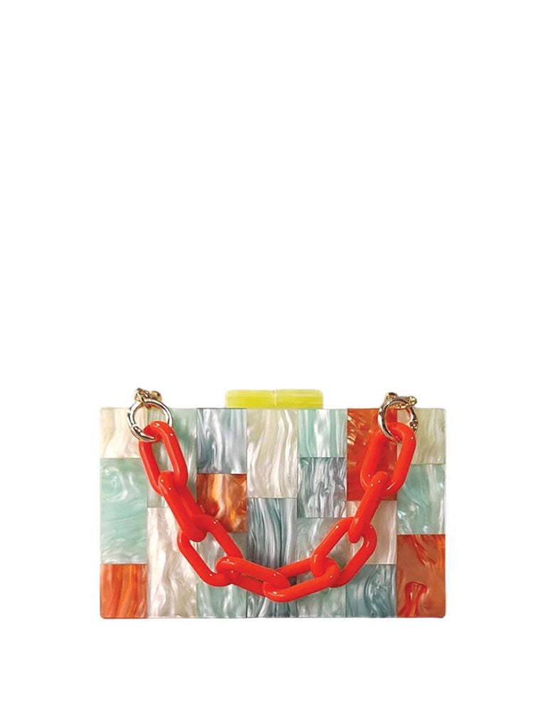 Rectangular Geometrical Design Acrylic Clutch Bag, Multicolor / Yellow