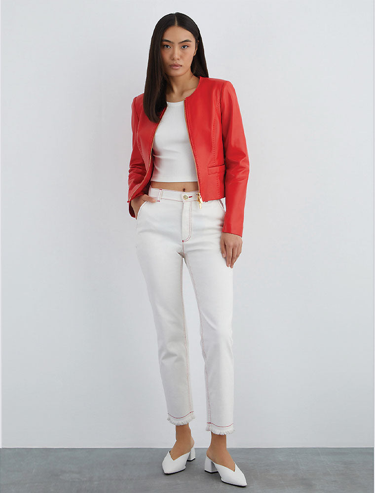 Red Thread Detail Denim Jeans, Off-White