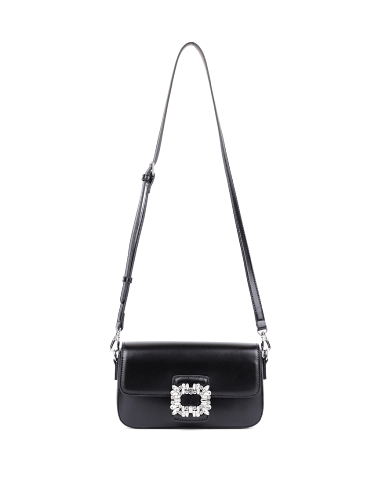 Rhinestone Buckle Décor Flap Shoulder Bag, Black